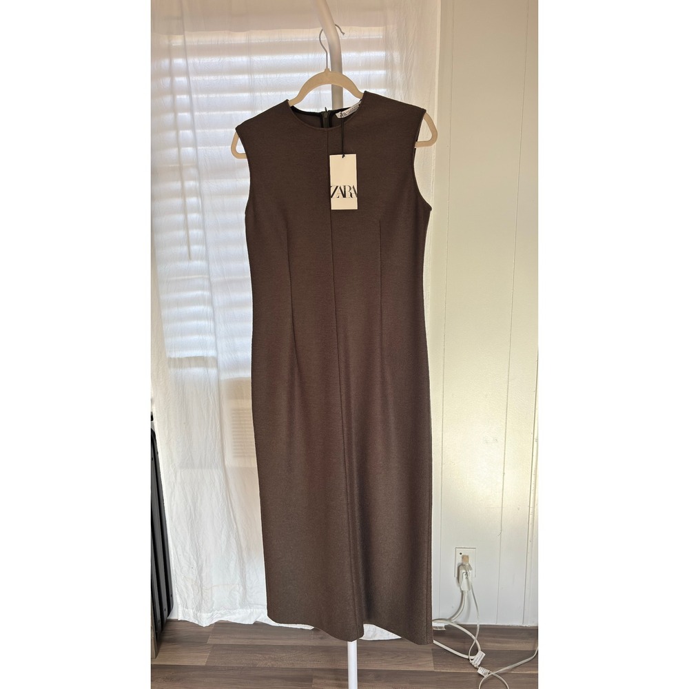 NWT ZARA Sleeveless Mock Neck Midi Dress Olive Green Knit Sheath Modern Size M - Picture 4 of 11